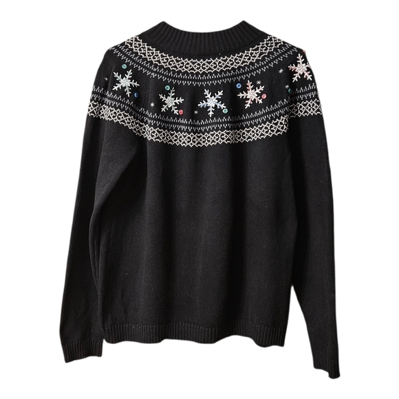 Christopher & Banks Full Zip Cardigan Sweater Snowflakes Fair Isle Large Black - Picture 2 of 9